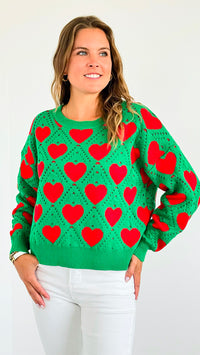 Hearts Knit Sweater-Green-140 Sweaters-MIRACLE-Coastal Bloom Boutique, find the trendiest versions of the popular styles and looks Located in Indialantic, FL