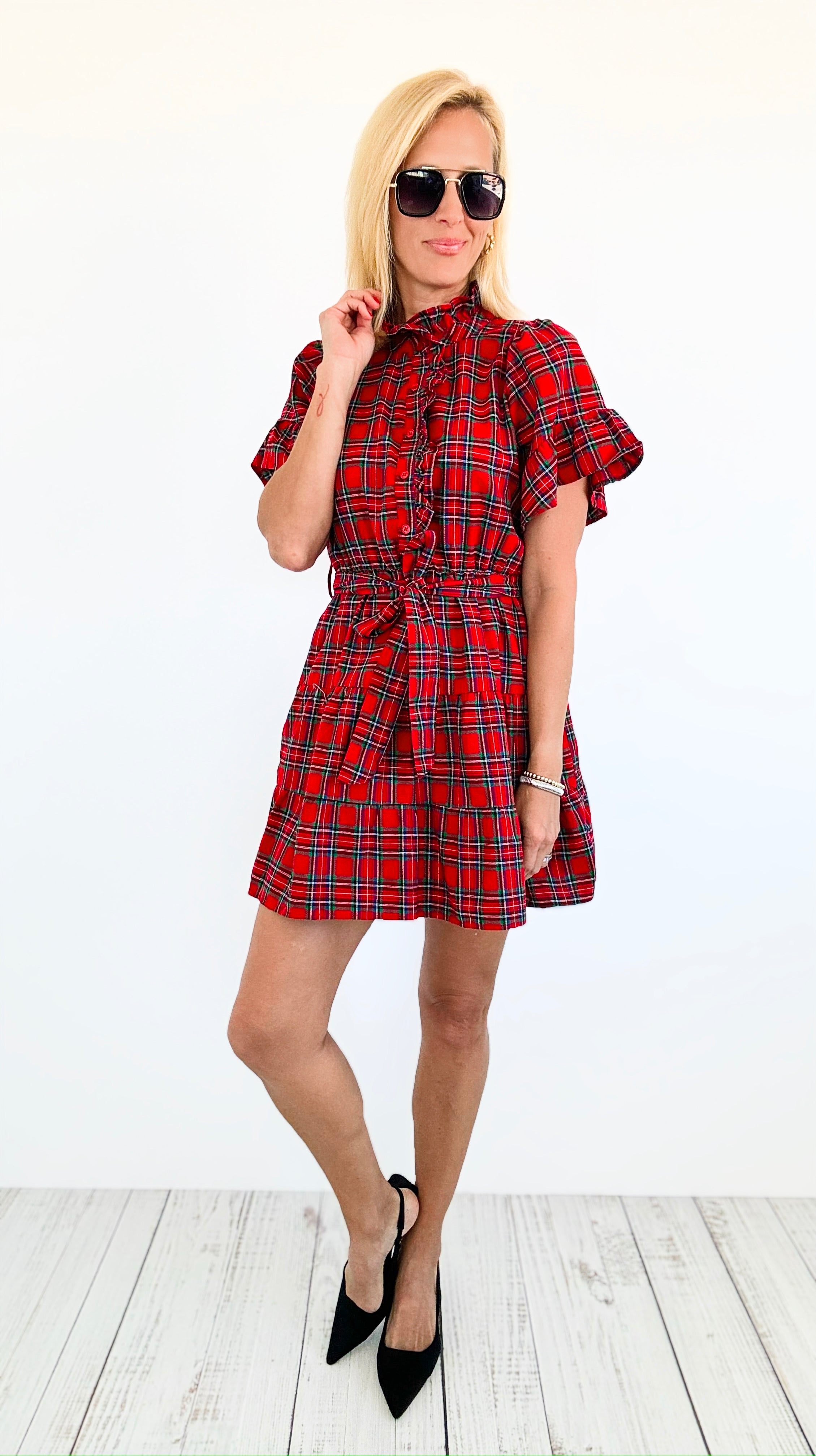 Festive Plaid Flutter Dress-200 dresses/jumpsuits/rompers-SUGARLIPS-Coastal Bloom Boutique, find the trendiest versions of the popular styles and looks Located in Indialantic, FL