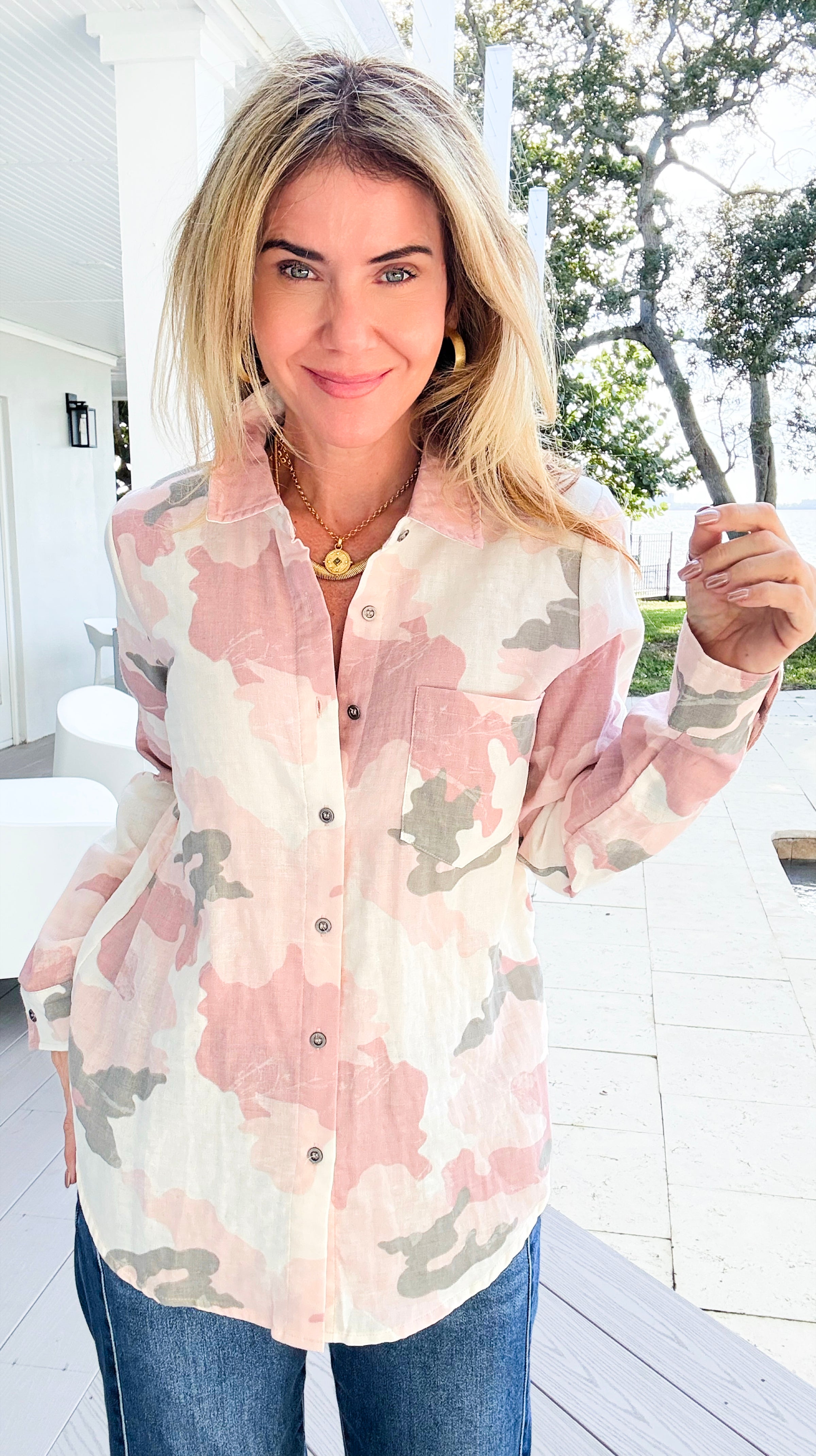 Urban Camo Button Down Top - Rose