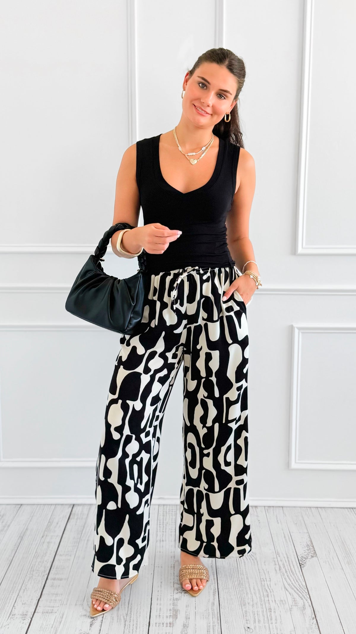 Tropic Whispers Wide Leg Pants - Black-170 Bottoms-GIGIO-Coastal Bloom Boutique, find the trendiest versions of the popular styles and looks Located in Indialantic, FL