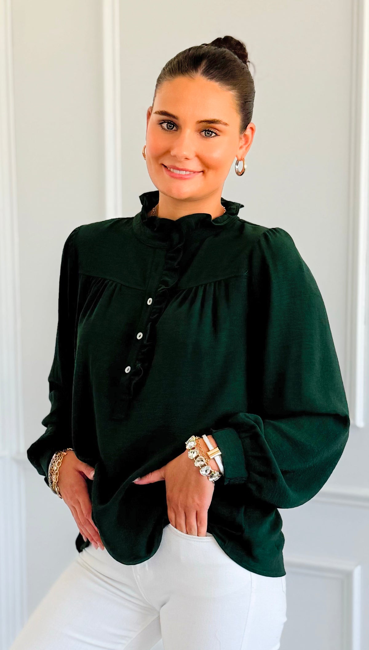 Victorian Muse Ruffle Top - Hunter Green-130 Long Sleeve Tops-JODIFL-Coastal Bloom Boutique, find the trendiest versions of the popular styles and looks Located in Indialantic, FL