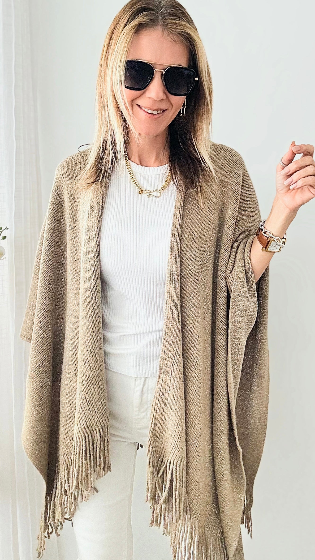 Sparkling Fringe Wrap - Khaki-150 Cardigans/Layers-Original USA-Coastal Bloom Boutique, find the trendiest versions of the popular styles and looks Located in Indialantic, FL