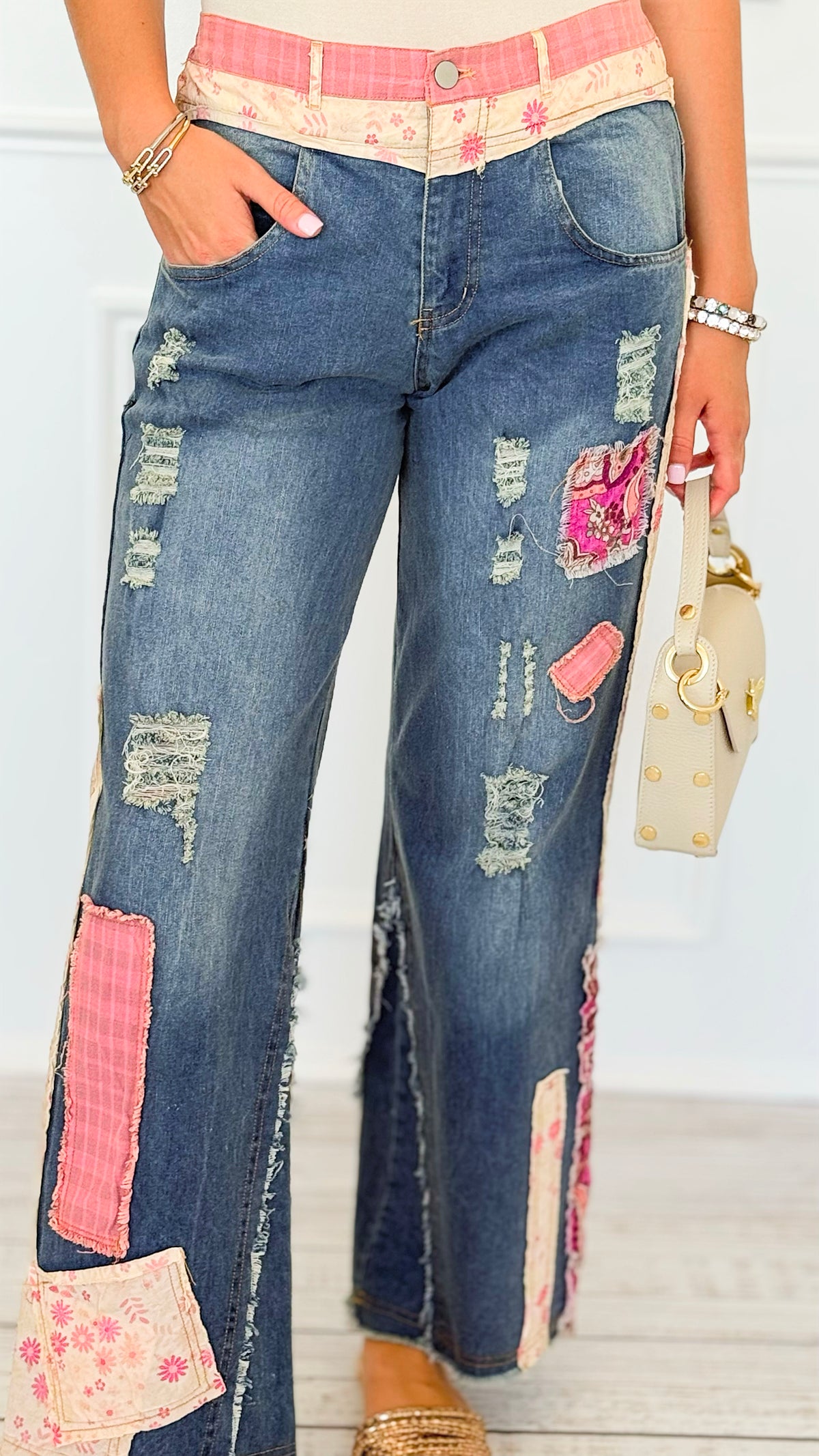 Distressed Patchwork Jeans-170 Bottoms-Blue Velvet-Coastal Bloom Boutique, find the trendiest versions of the popular styles and looks Located in Indialantic, FL