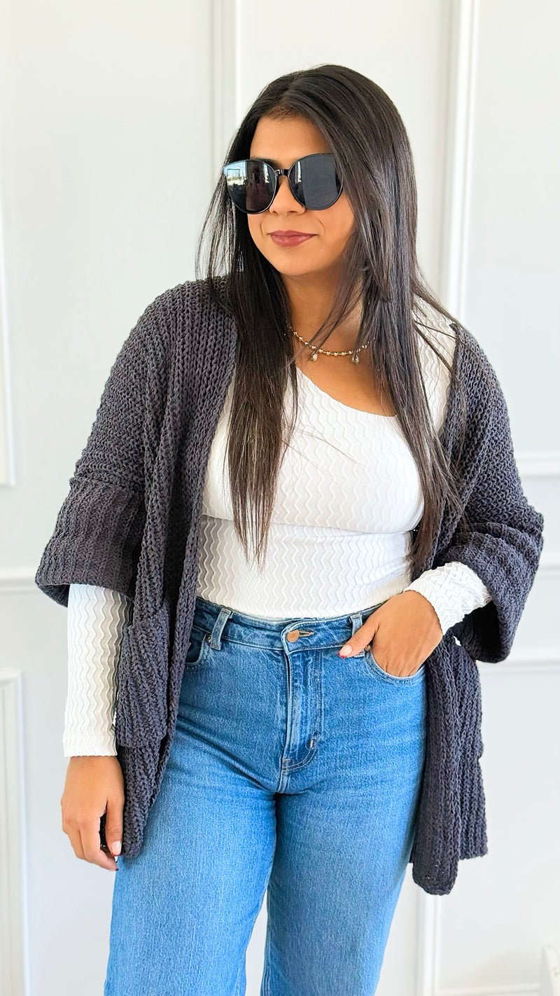 Cuff & Comfort Chenille Cardigan-Ink Charcoal-150 Cardigans/Layers-POL-Coastal Bloom Boutique, find the trendiest versions of the popular styles and looks Located in Indialantic, FL