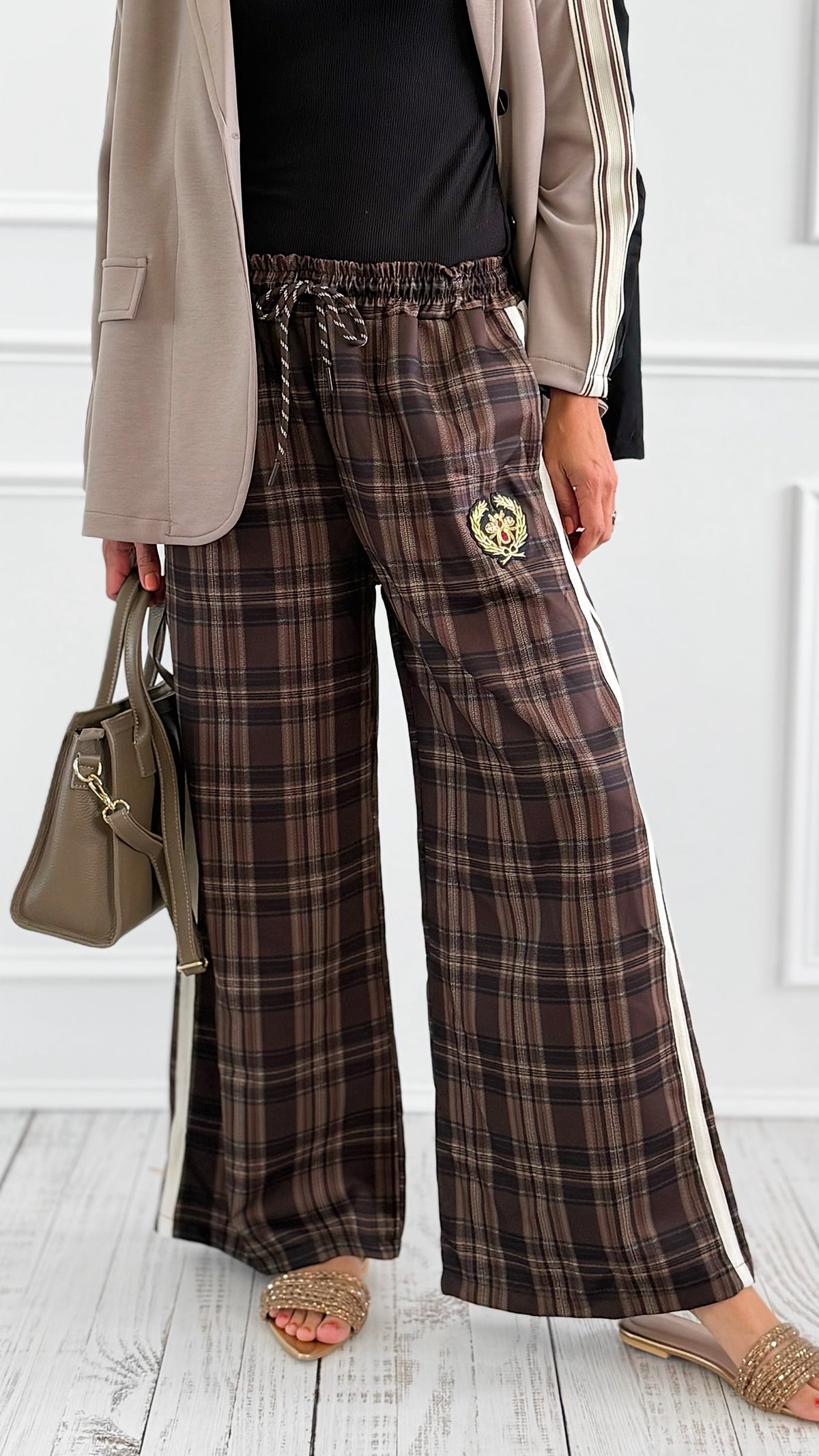 Classic Emblem Plaid Italian Pants- Brown-100 Pants-TATTOO Z-Coastal Bloom Boutique, find the trendiest versions of the popular styles and looks Located in Indialantic, FL