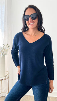 Soho Italian V-Neck Pullover - Navy-140 Sweaters-Germany-Coastal Bloom Boutique, find the trendiest versions of the popular styles and looks Located in Indialantic, FL