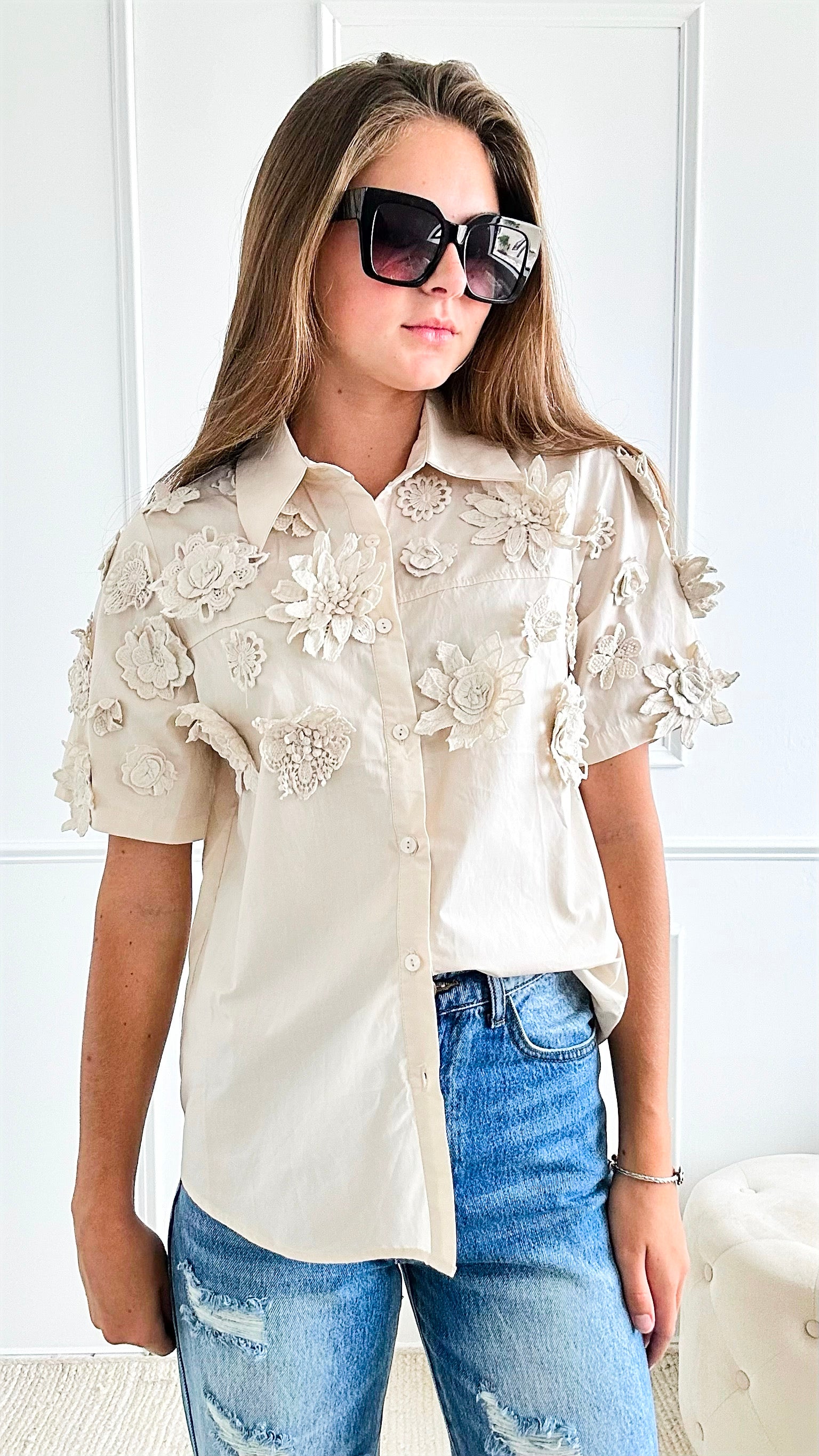 Flower Appliques Short Sleeved Blouse - Beige-110 Short Sleeve Tops-JJ'S FAIRYLAND-Coastal Bloom Boutique, find the trendiest versions of the popular styles and looks Located in Indialantic, FL