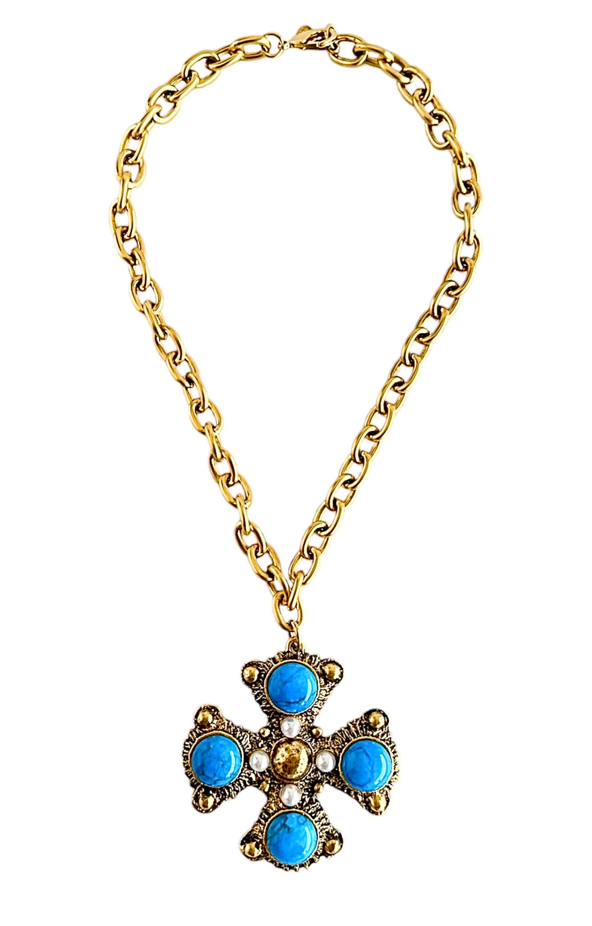 Chunky Majestic Cross Necklace- Blue-230 Jewelry-YOCHI-Coastal Bloom Boutique, find the trendiest versions of the popular styles and looks Located in Indialantic, FL