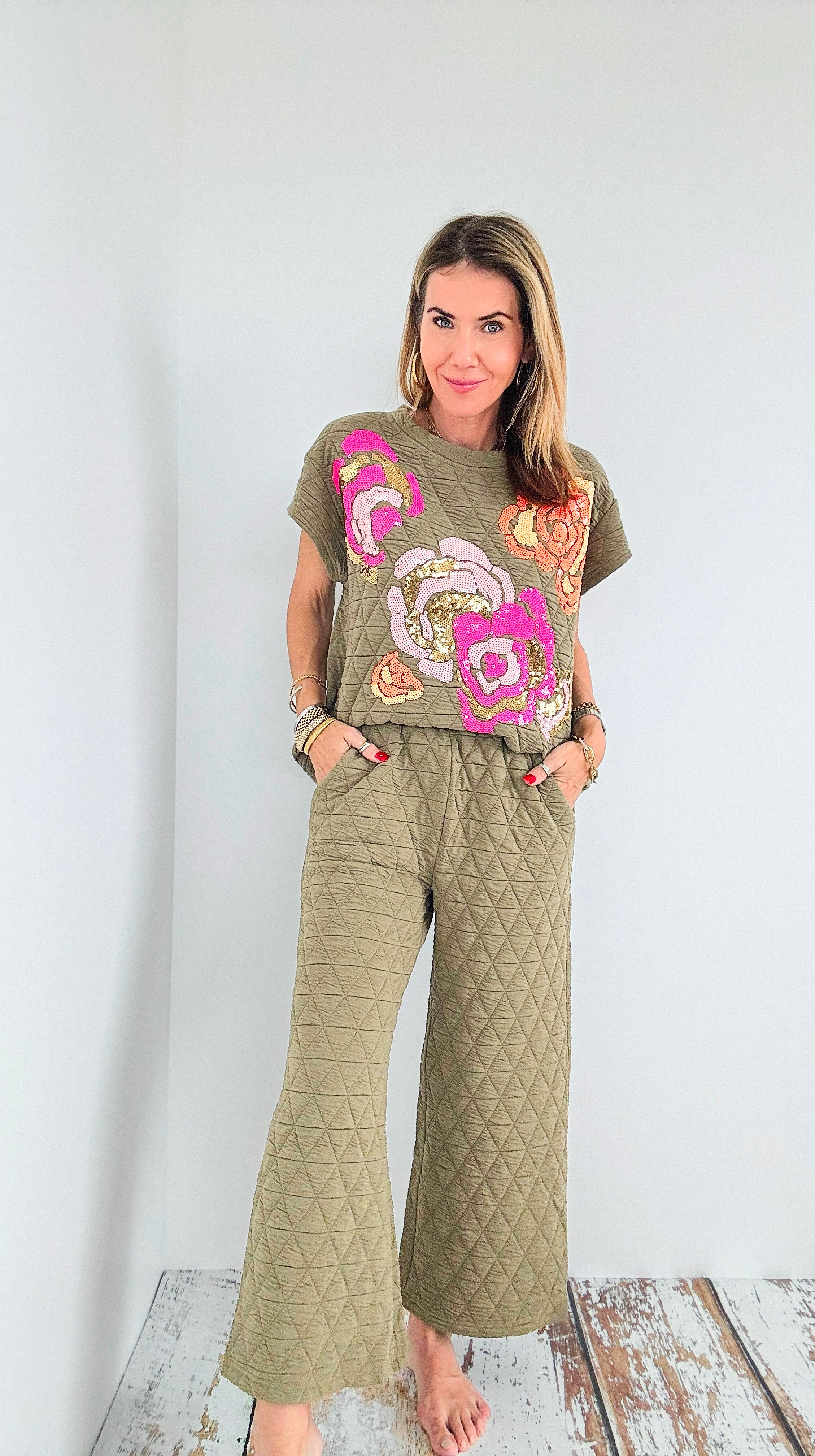 Sequins Quilted Short Sleeve Set - Olive-210 Loungewear/Sets-See and Be Seen-Coastal Bloom Boutique, find the trendiest versions of the popular styles and looks Located in Indialantic, FL