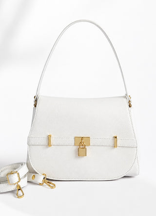 Polished Lock Italian Leather Bag- White