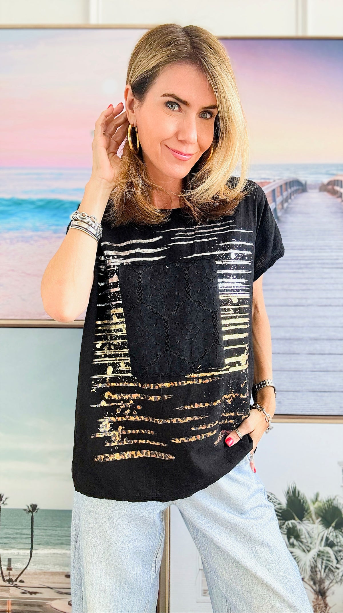 Metallic Fusion Italian Top - Black-110 Short Sleeve Tops-Italianissimo-Coastal Bloom Boutique, find the trendiest versions of the popular styles and looks Located in Indialantic, FL