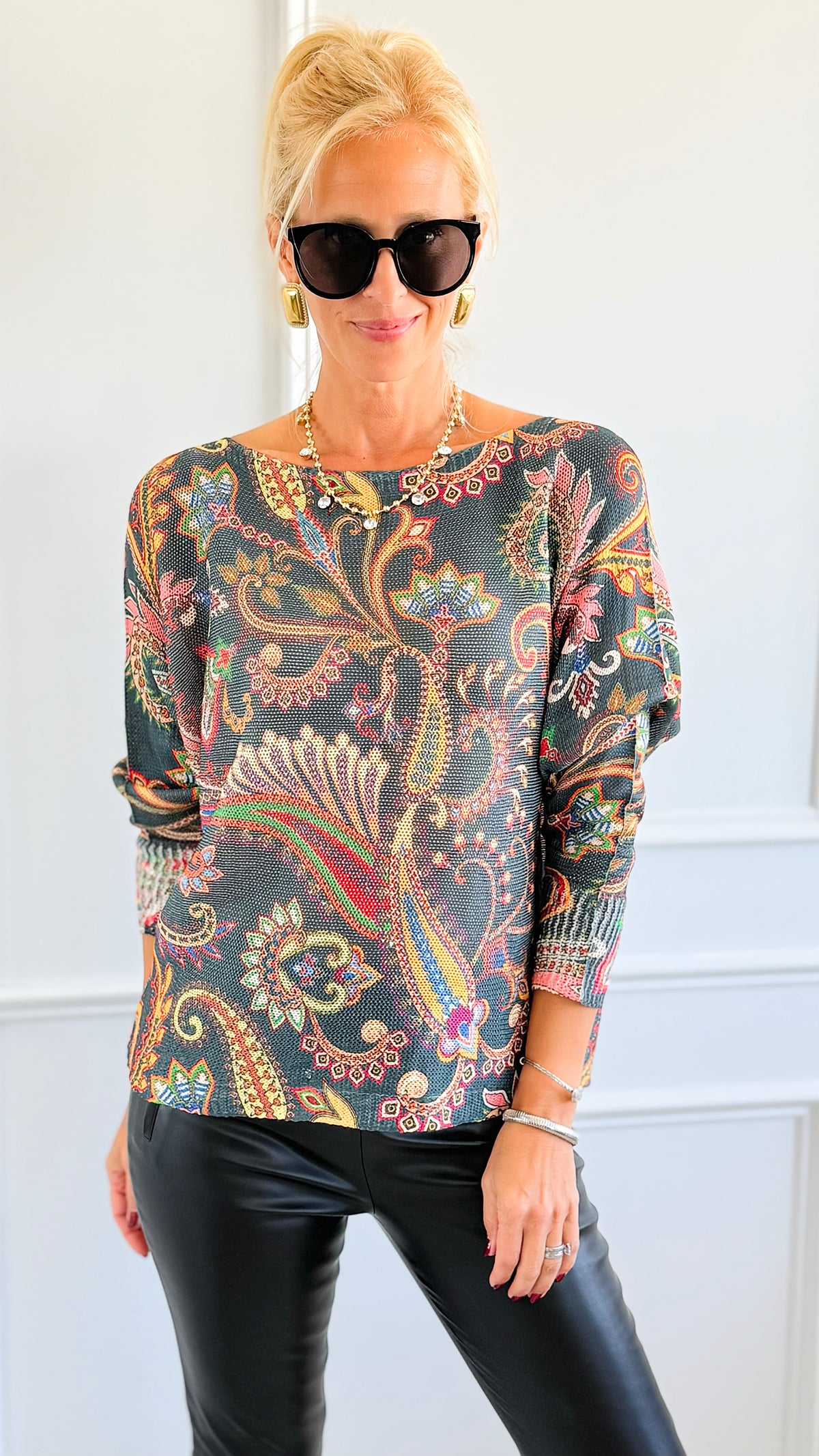 Garden Of Paisley Italian St Tropez Sweater- Dark Teal-140 Sweaters-SORPRESA-Coastal Bloom Boutique, find the trendiest versions of the popular styles and looks Located in Indialantic, FL