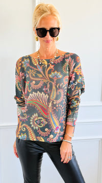 Garden Of Paisley Italian St Tropez Sweater- Dark Teal-140 Sweaters-SORPRESA-Coastal Bloom Boutique, find the trendiest versions of the popular styles and looks Located in Indialantic, FL