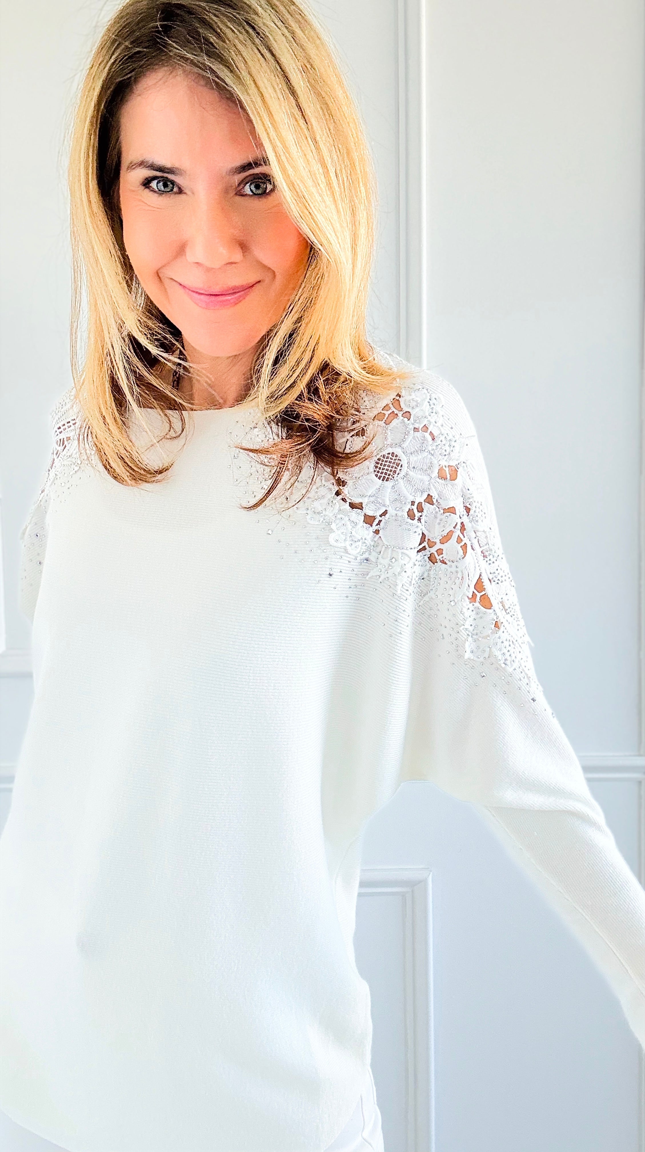 Lux Bloom Lace Shoulder Top - White-140 Sweaters-cinniya-Coastal Bloom Boutique, find the trendiest versions of the popular styles and looks Located in Indialantic, FL