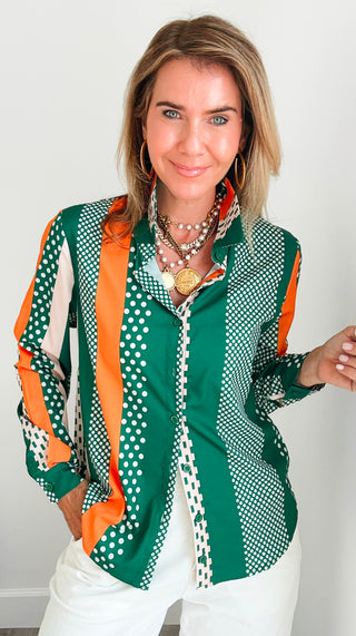 Mixed Dot Stripe Button Blouse Top