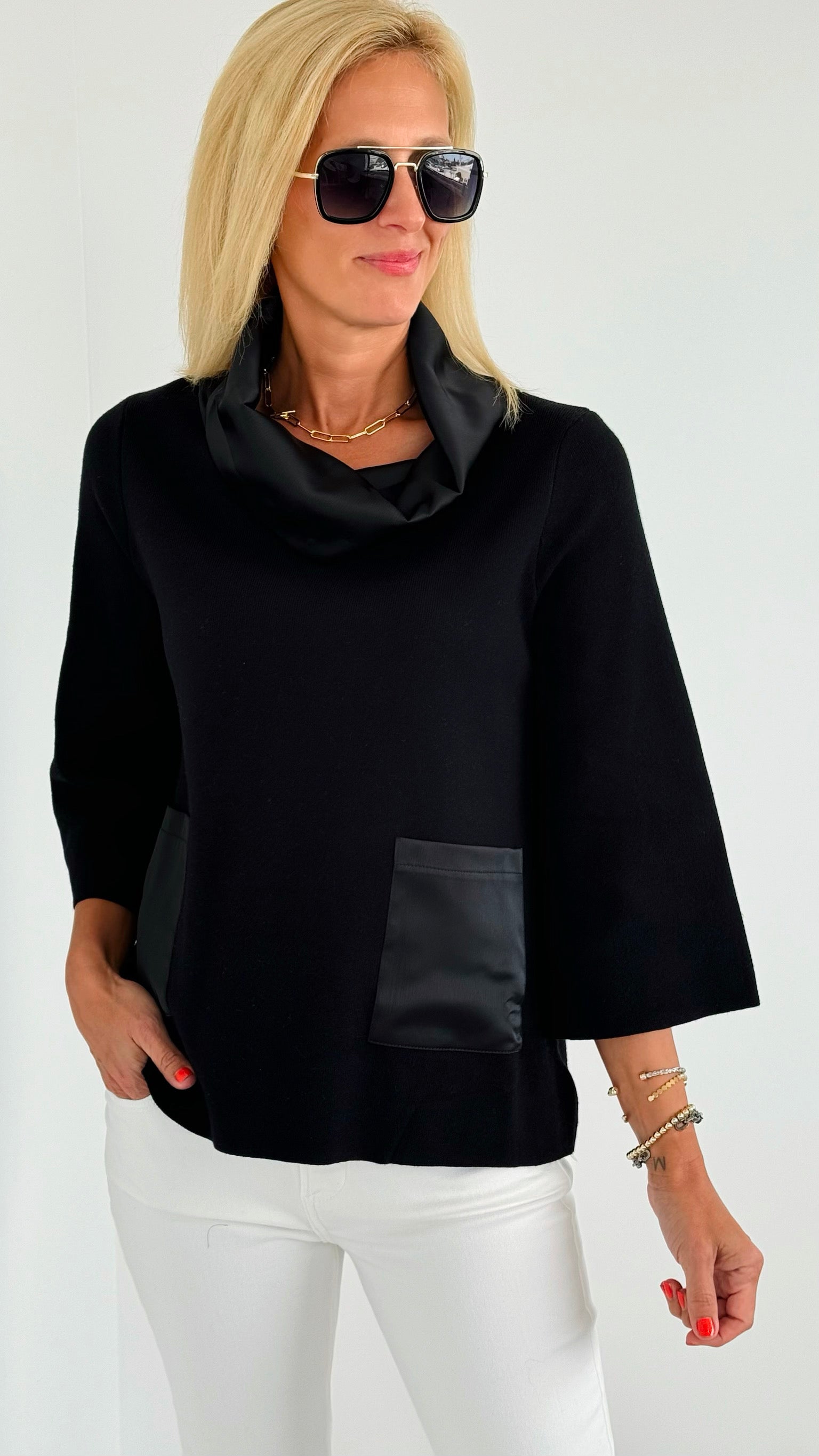 Contrast Satin Cowl Neck Sweater- Black-130 Long sleeve top-Fate BY LFD-Coastal Bloom Boutique, find the trendiest versions of the popular styles and looks Located in Indialantic, FL