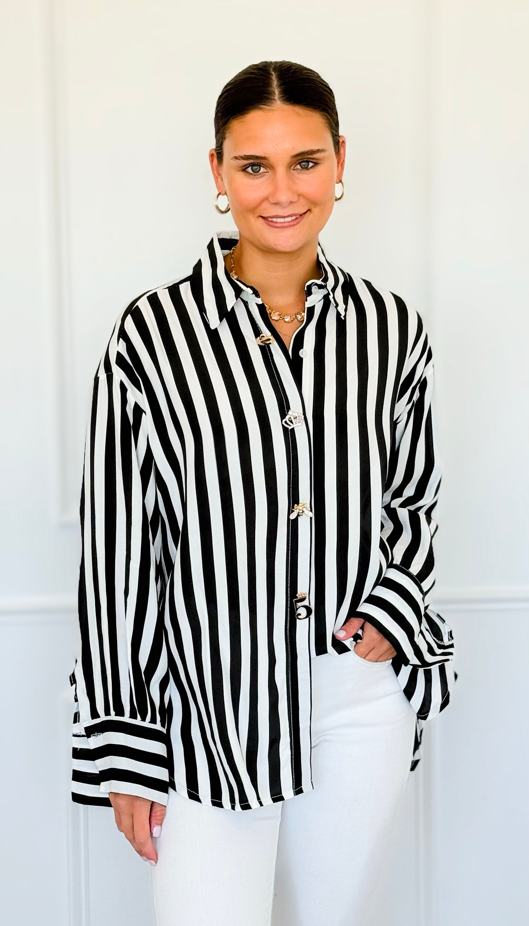 Empire Stripes Italian Blouse-110 Long Sleeve Tops-TATTOO Z-Coastal Bloom Boutique, find the trendiest versions of the popular styles and looks Located in Indialantic, FL