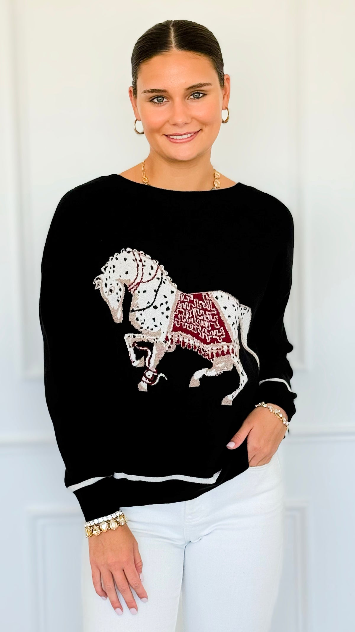 Equestrian Parade Italian Sweater- Black-140 Sweaters-K2-Coastal Bloom Boutique, find the trendiest versions of the popular styles and looks Located in Indialantic, FL