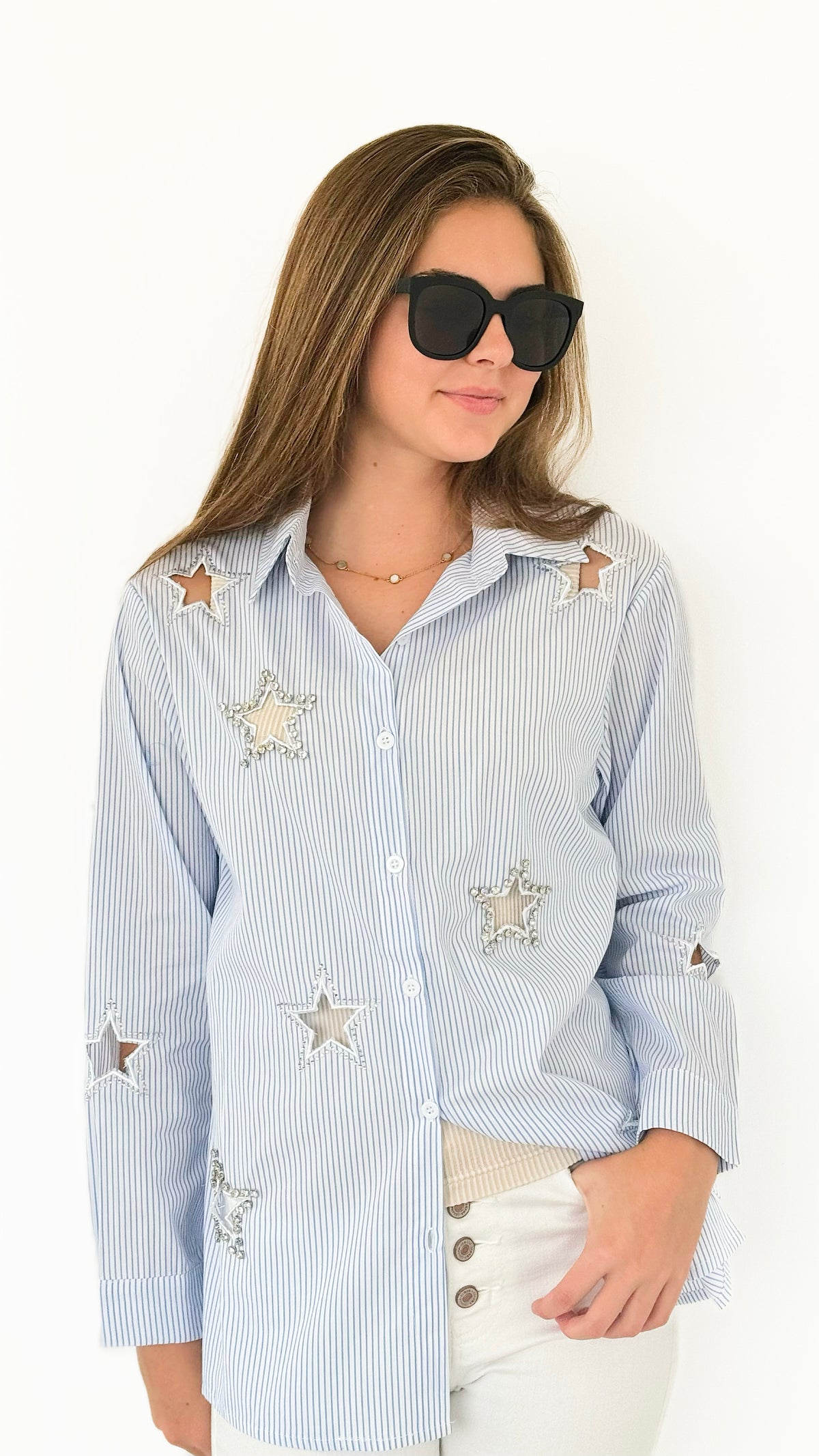 Starry Stripes Button-Down Blouse-130 Long Sleeve Tops-LC Lizette-Coastal Bloom Boutique, find the trendiest versions of the popular styles and looks Located in Indialantic, FL