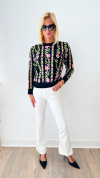 Pocket of Daisies Pullover Sweater - Black-140 Sweaters-&MERCI-Coastal Bloom Boutique, find the trendiest versions of the popular styles and looks Located in Indialantic, FL