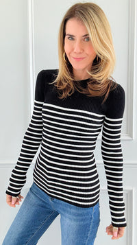 Striped Ribbed Knit Long Sleeve Top- Black-110 Long Sleeve Tops-English Factory-Coastal Bloom Boutique, find the trendiest versions of the popular styles and looks Located in Indialantic, FL