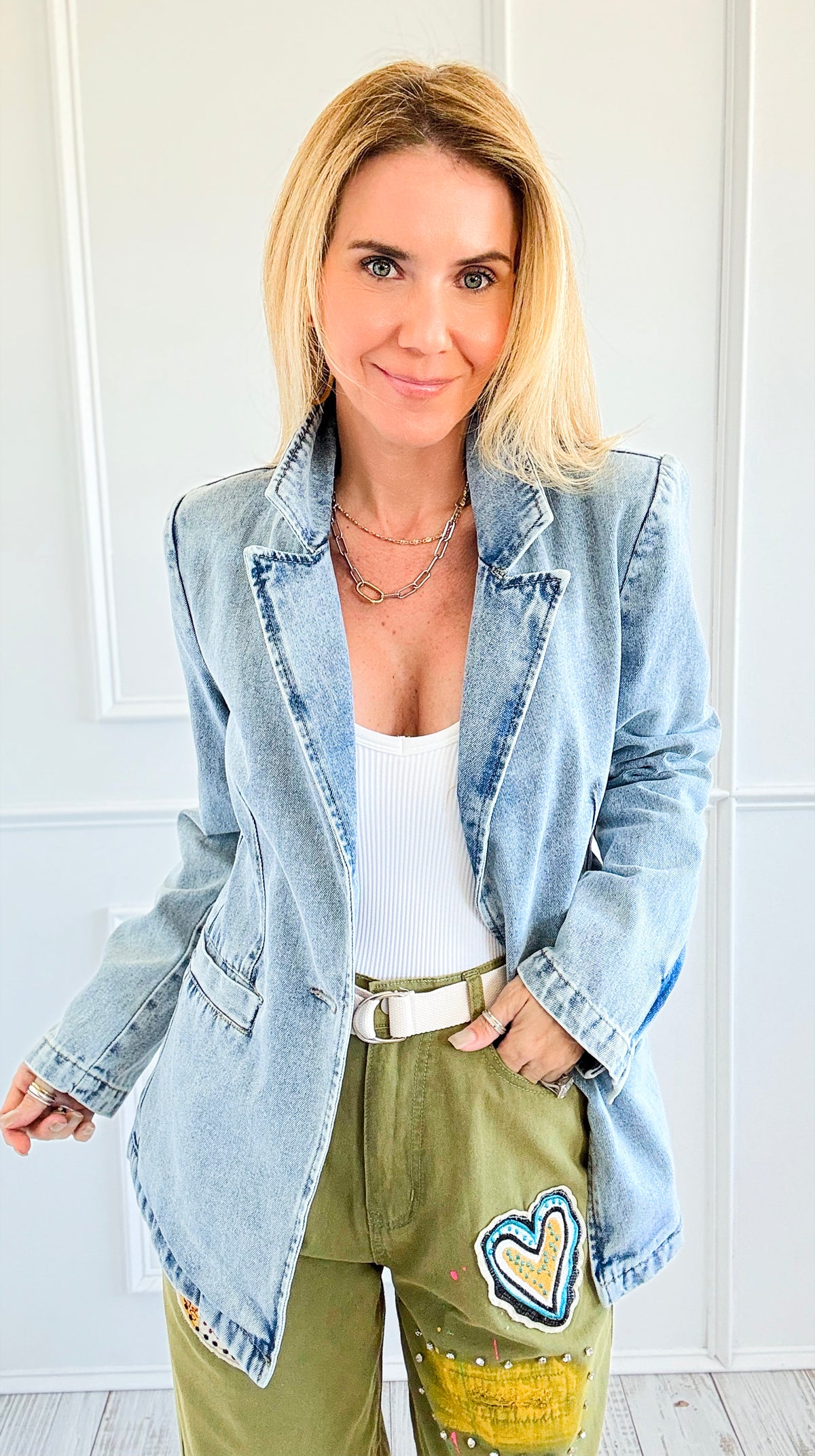 Washed Denim Blazer-160 Jackets-26 INTERNATIONAL-Coastal Bloom Boutique, find the trendiest versions of the popular styles and looks Located in Indialantic, FL