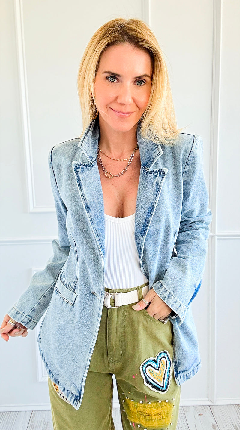 Washed Denim Blazer-160 Jackets-26 INTERNATIONAL-Coastal Bloom Boutique, find the trendiest versions of the popular styles and looks Located in Indialantic, FL