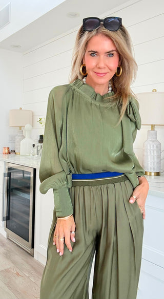 Tie Neck Blouse Top - Olive