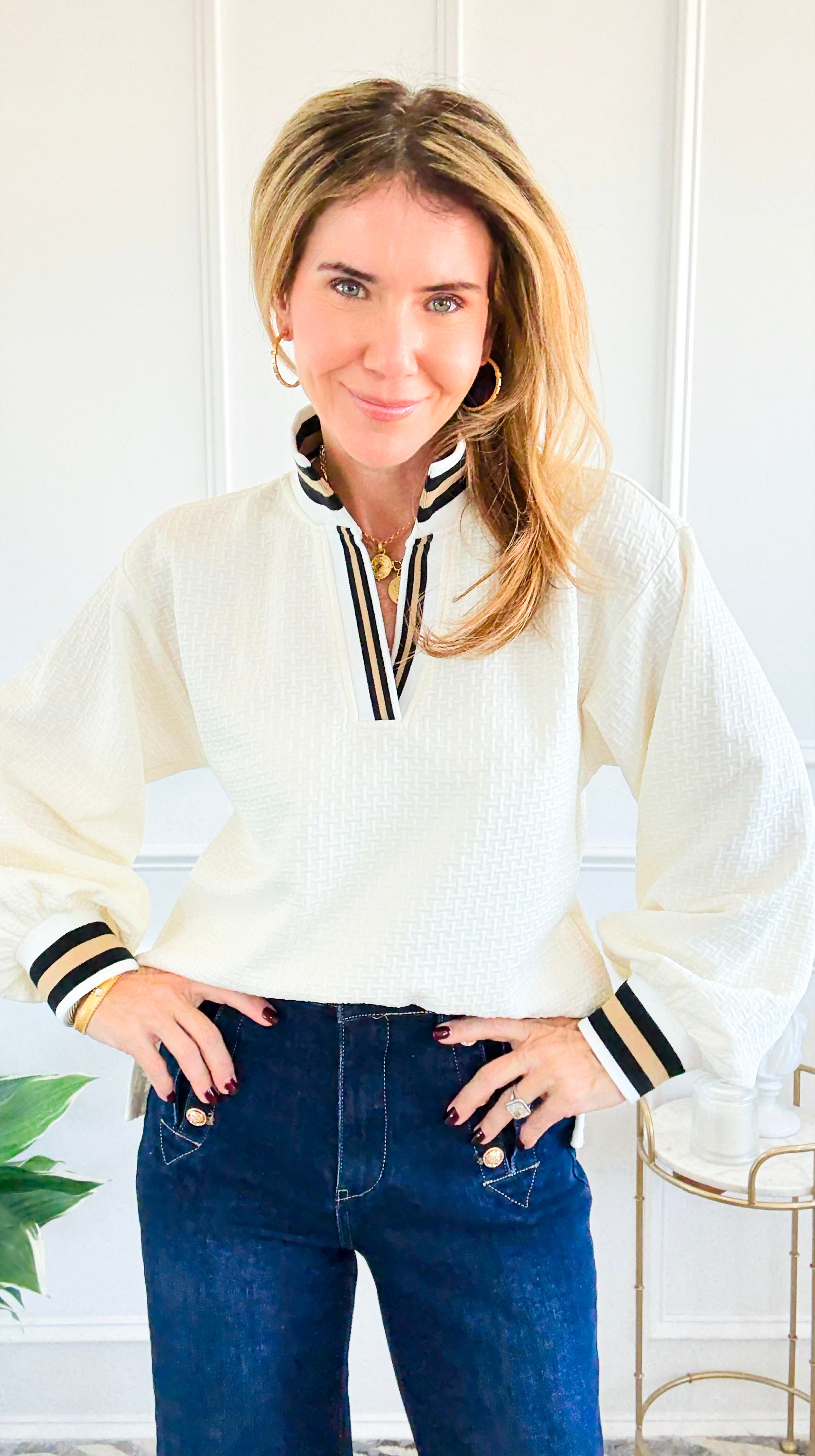 Textured Puff Sleeve Top Off White