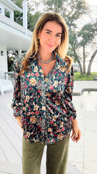 Floral Muse Velvet Button Down Blouse - Green/ Red-130 Long Sleeve Tops-sew in love-Coastal Bloom Boutique, find the trendiest versions of the popular styles and looks Located in Indialantic, FL