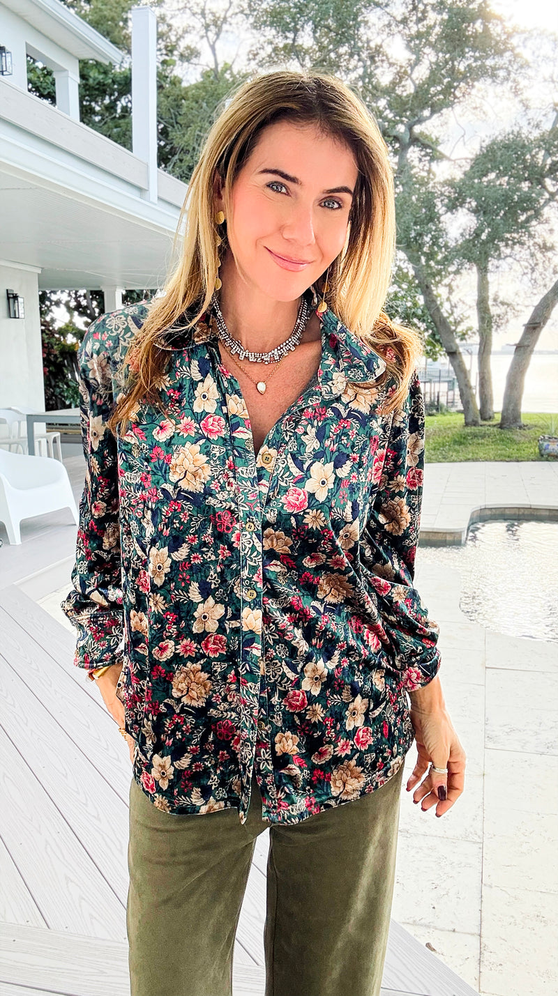 Floral Muse Velvet Button Down Blouse - Green/ Red-130 Long Sleeve Tops-sew in love-Coastal Bloom Boutique, find the trendiest versions of the popular styles and looks Located in Indialantic, FL