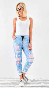 Patchwork Print Denim Italian Joggers-180 Joggers-Italianissimo-Coastal Bloom Boutique, find the trendiest versions of the popular styles and looks Located in Indialantic, FL