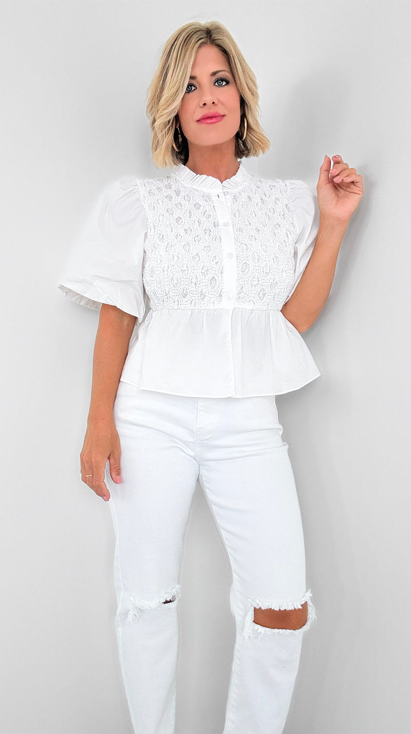 Puff Sleeve Textured Top-110 Short Sleeve Tops-LALAVON-Coastal Bloom Boutique, find the trendiest versions of the popular styles and looks Located in Indialantic, FL