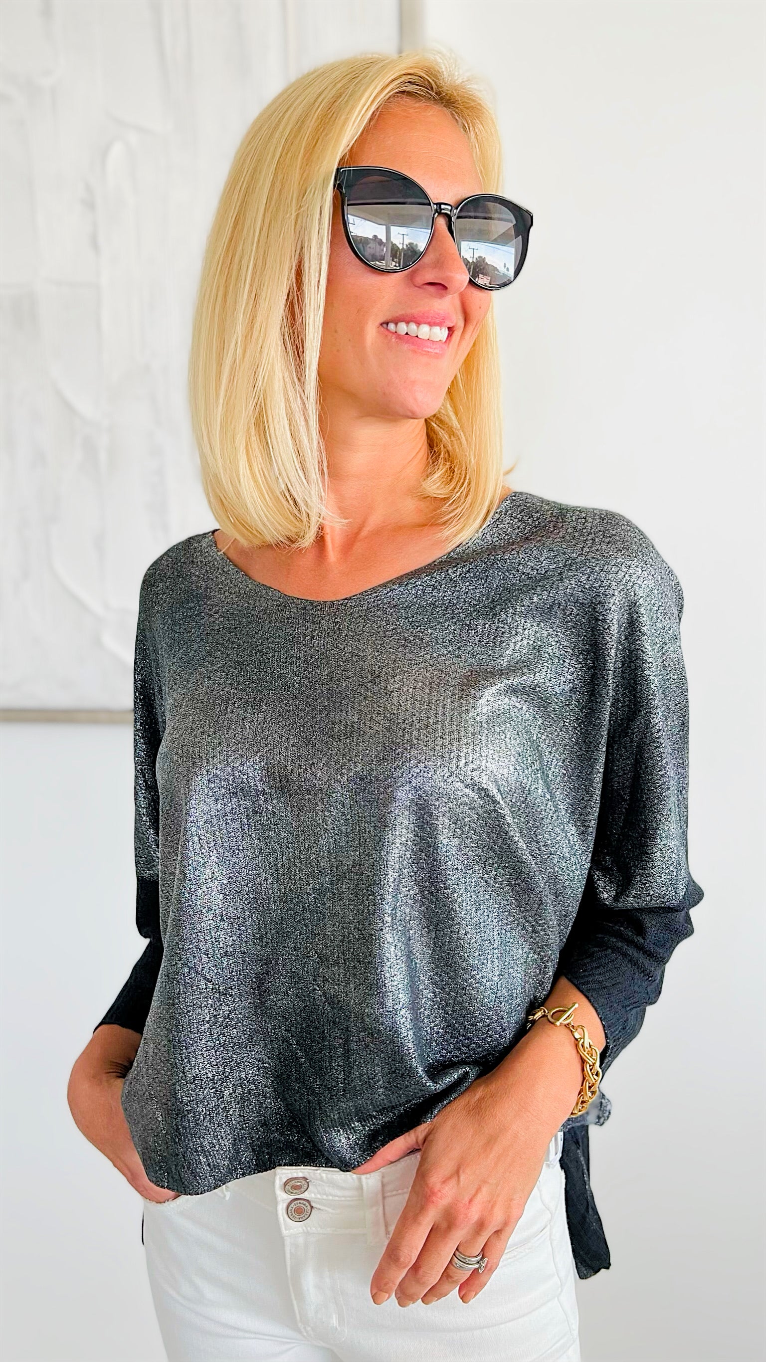 Shimmer Front Italian Sweater - Black-140 Sweaters-Look Mode-Coastal Bloom Boutique, find the trendiest versions of the popular styles and looks Located in Indialantic, FL