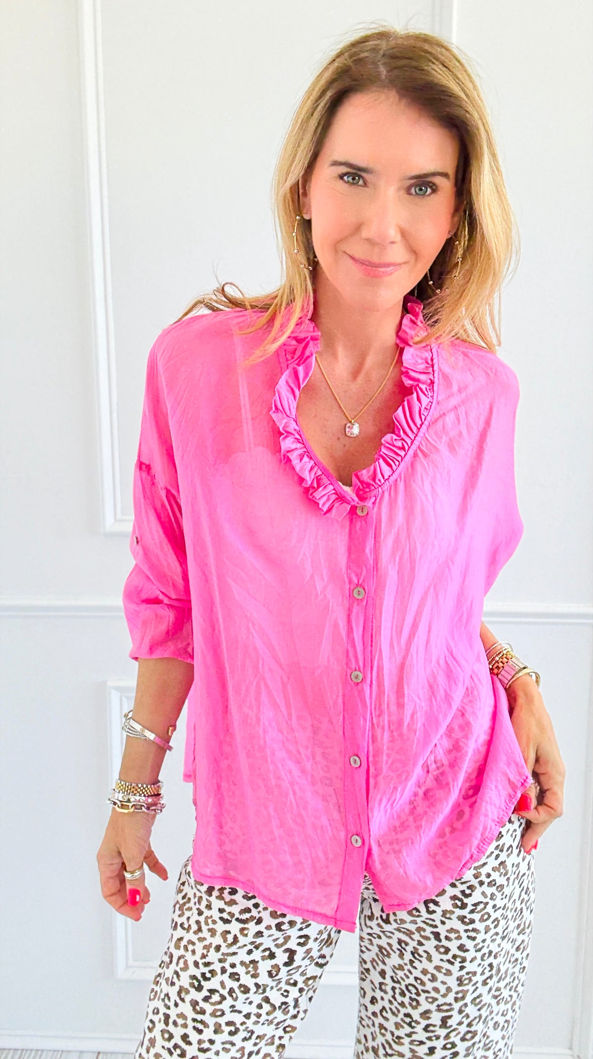 Breeze Ruffle Neck Italian Shirt- Fuchsia-110 short Sleeve Top-Italianissimo-Coastal Bloom Boutique, find the trendiest versions of the popular styles and looks Located in Indialantic, FL