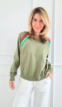 Rainbow Stripe Sweatshirt - Olive-130 Long Sleeve Tops-Gold & Silver Paris-Coastal Bloom Boutique, find the trendiest versions of the popular styles and looks Located in Indialantic, FL