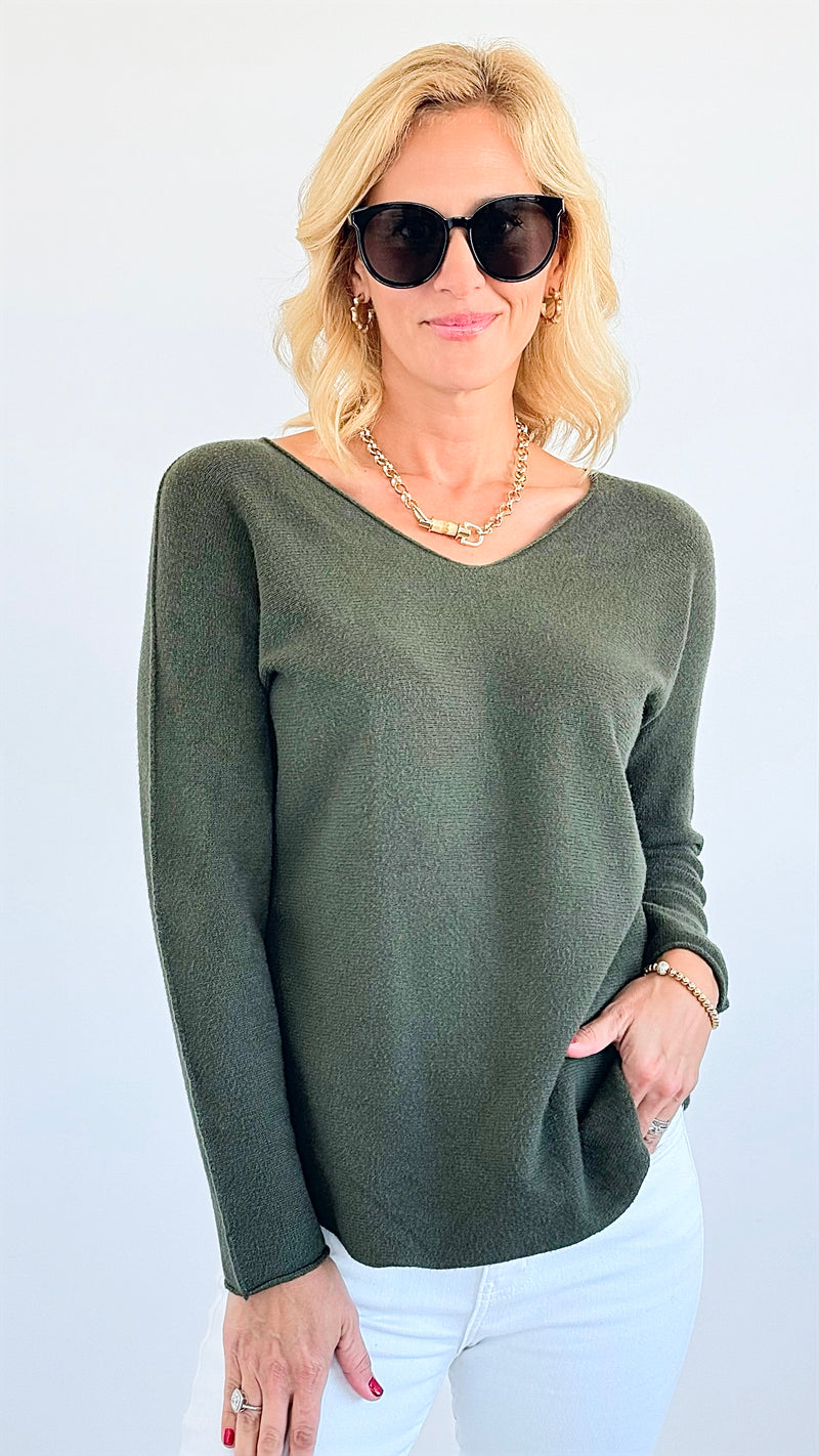 Soho Italian V-Neck Pullover - Olive-140 Sweaters-Italianissimo-Coastal Bloom Boutique, find the trendiest versions of the popular styles and looks Located in Indialantic, FL