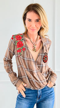 Custom CB Rose Crest Plaid Top-130 Long Sleeve Tops-mystree / Holly-Coastal Bloom Boutique, find the trendiest versions of the popular styles and looks Located in Indialantic, FL