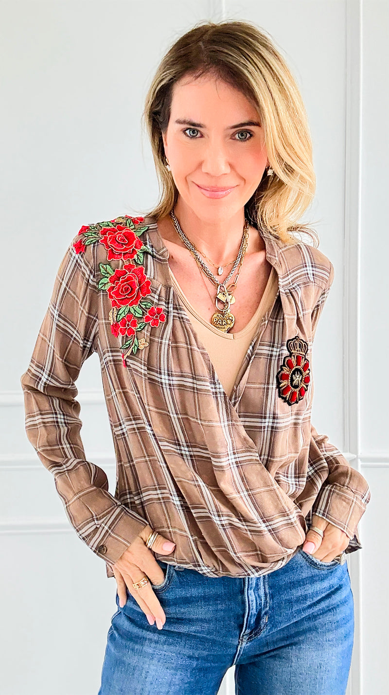 Custom CB Rose Crest Plaid Top-130 Long Sleeve Tops-mystree / Holly-Coastal Bloom Boutique, find the trendiest versions of the popular styles and looks Located in Indialantic, FL