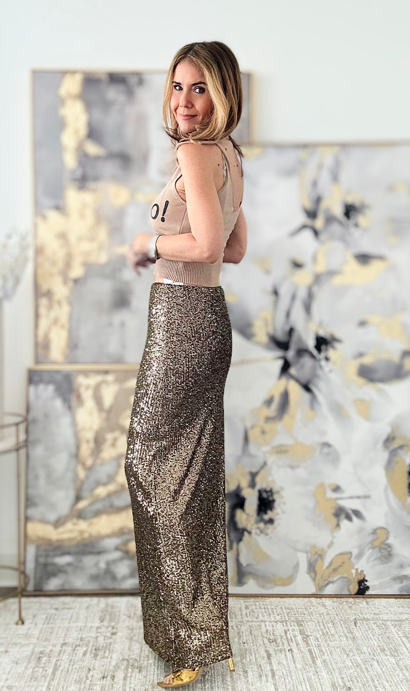 All Over Sequins Midi Skirt - Olive-170 Bottoms-MISS LOVE-Coastal Bloom Boutique, find the trendiest versions of the popular styles and looks Located in Indialantic, FL