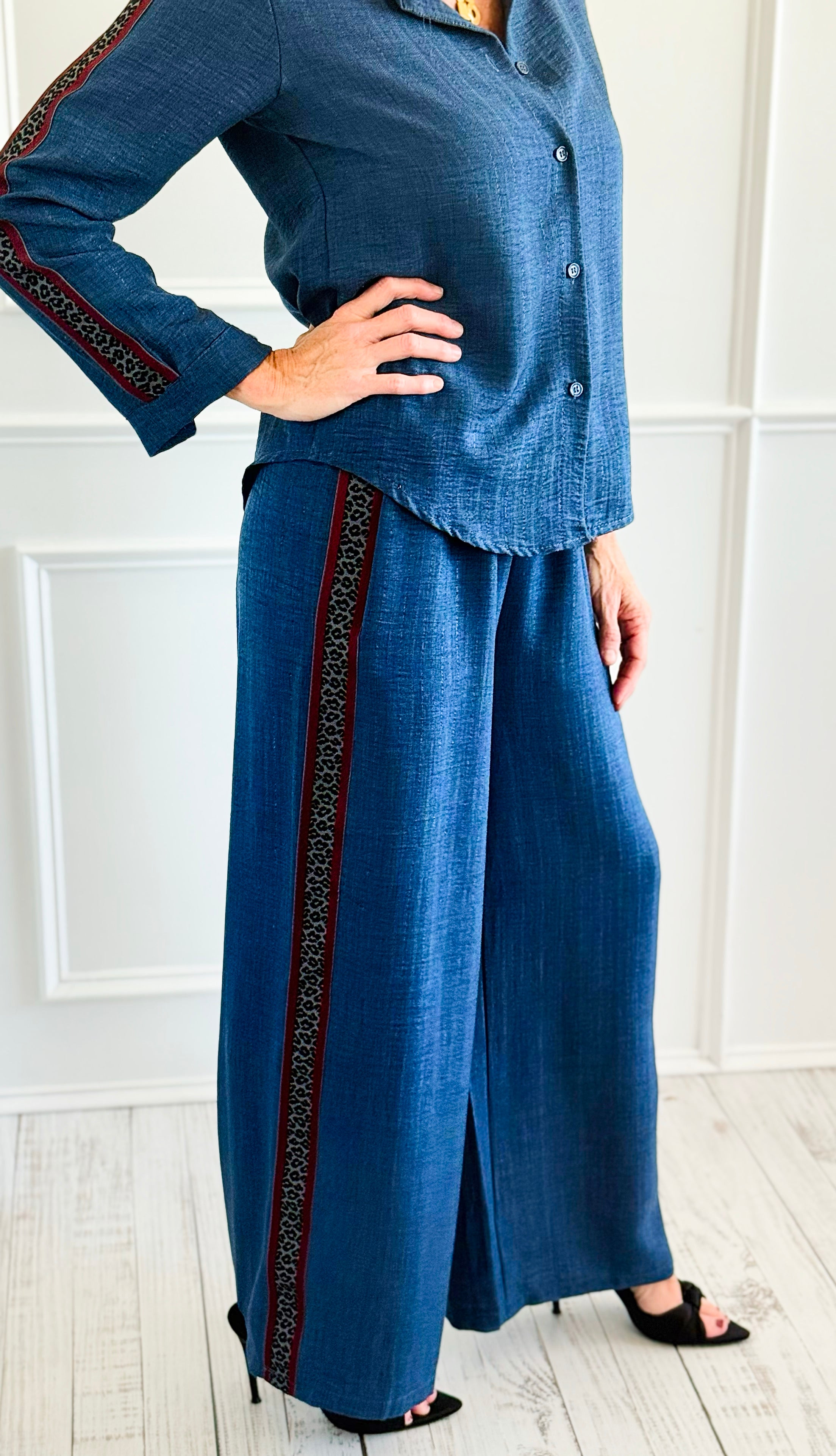 Leopard Ribbon Italian Pant Set-210 Loungewear/Sets-Mitica & Co-Coastal Bloom Boutique, find the trendiest versions of the popular styles and looks Located in Indialantic, FL