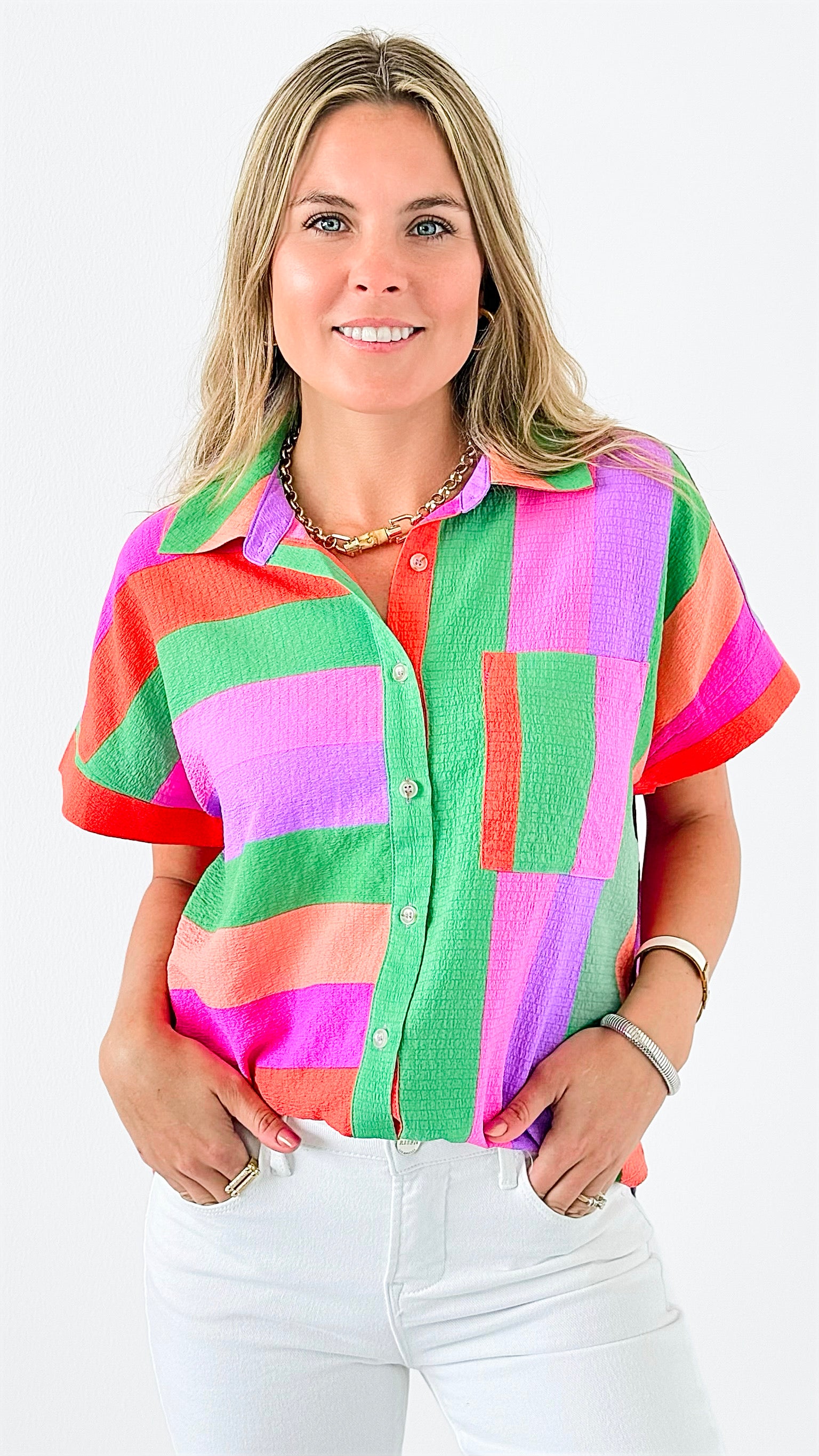 Striped Button-Up Top-130 Long sleeve top-Jodifl-Coastal Bloom Boutique, find the trendiest versions of the popular styles and looks Located in Indialantic, FL