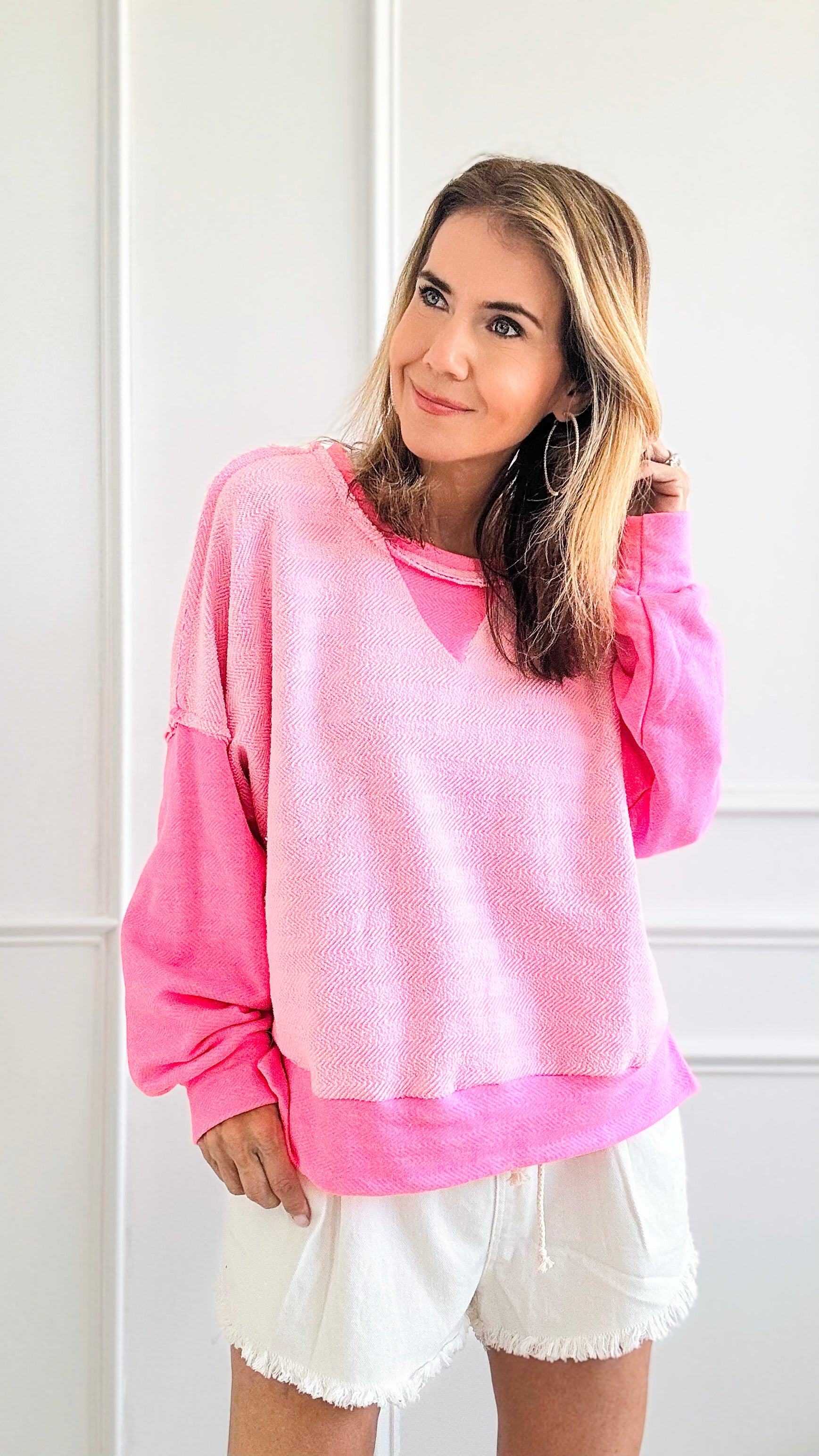 Contrast Raw-Edge Detailed Sweatshirt-130 Long Sleeve Tops-BucketList-Coastal Bloom Boutique, find the trendiest versions of the popular styles and looks Located in Indialantic, FL