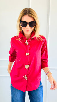 Starfish Accent Half Sleeve Blouse- Red-130 Long Sleeve Tops-PASTEL DESIGN-Coastal Bloom Boutique, find the trendiest versions of the popular styles and looks Located in Indialantic, FL
