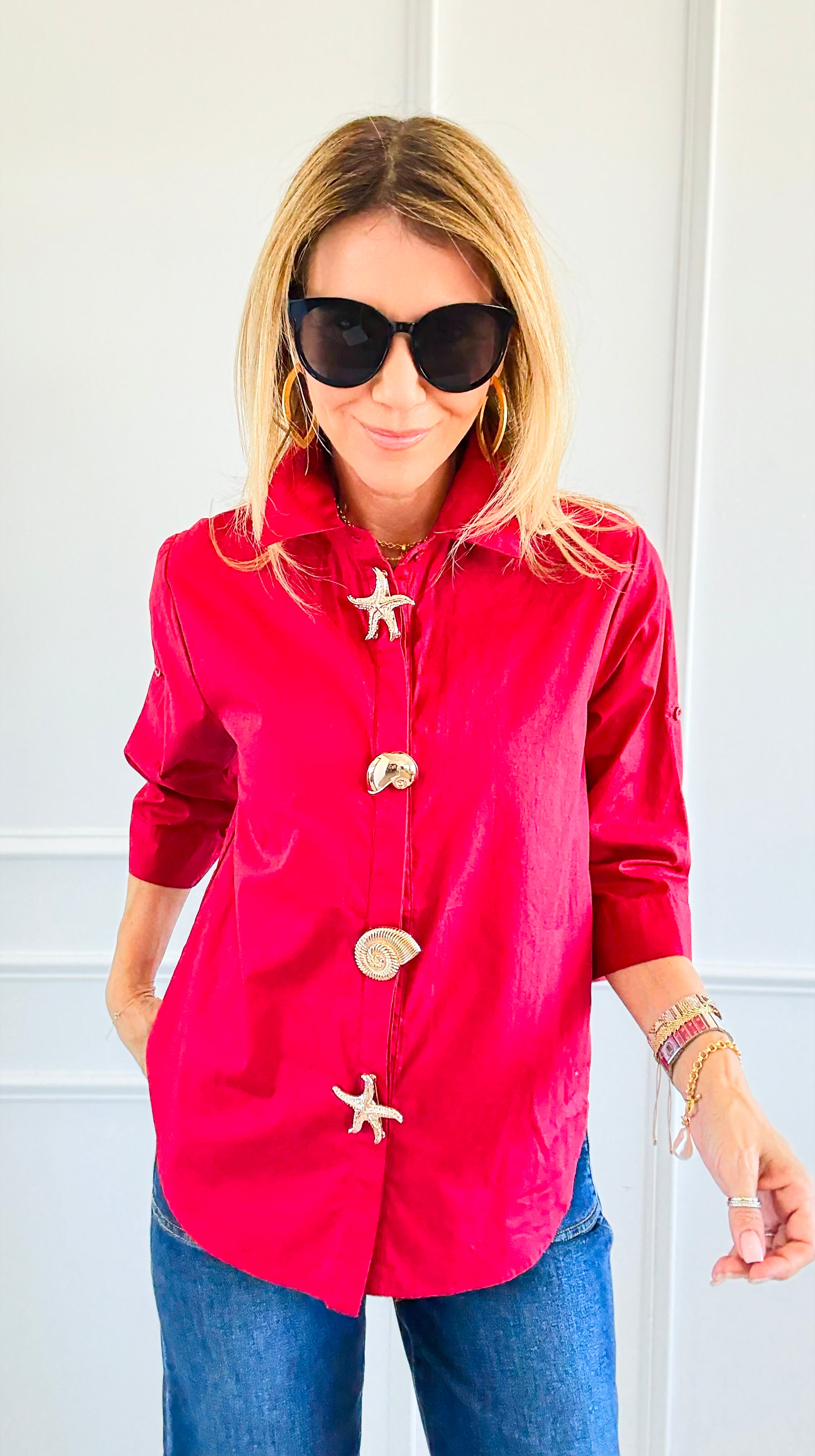 Starfish Accent Half Sleeve Blouse- Red-130 Long Sleeve Tops-PASTEL DESIGN-Coastal Bloom Boutique, find the trendiest versions of the popular styles and looks Located in Indialantic, FL