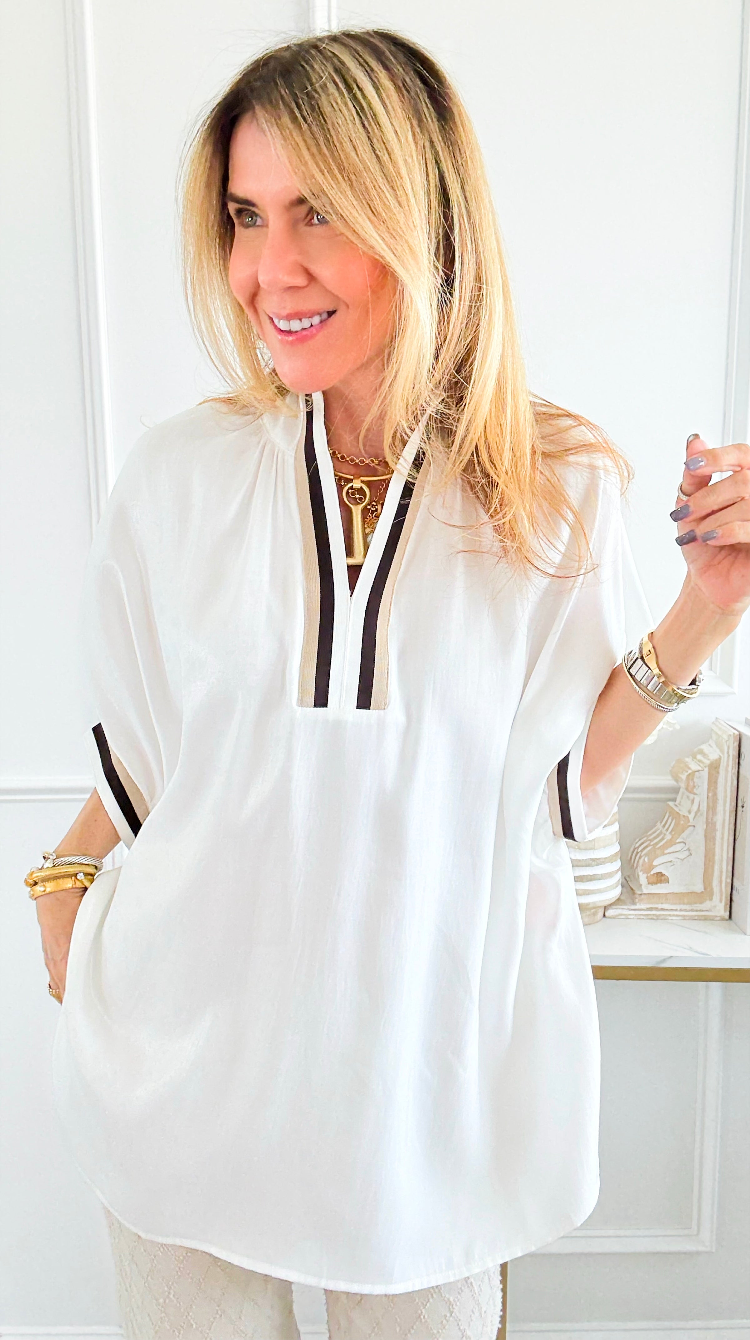 Sunset Lane V-Neck Blouse-110 Short Sleeve Tops-GLAM-Coastal Bloom Boutique, find the trendiest versions of the popular styles and looks Located in Indialantic, FL