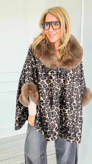 Faux Fur Collar & Cuff Poncho - Leopard
