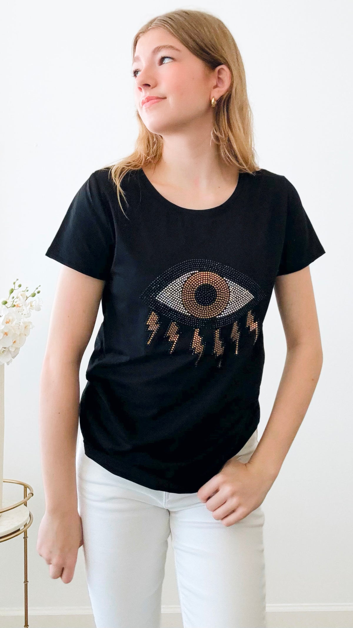 Lightning Eye Sequin Embellished Graphic Tee - Black-110 Short Sleeve Tops-in2you-Coastal Bloom Boutique, find the trendiest versions of the popular styles and looks Located in Indialantic, FL
