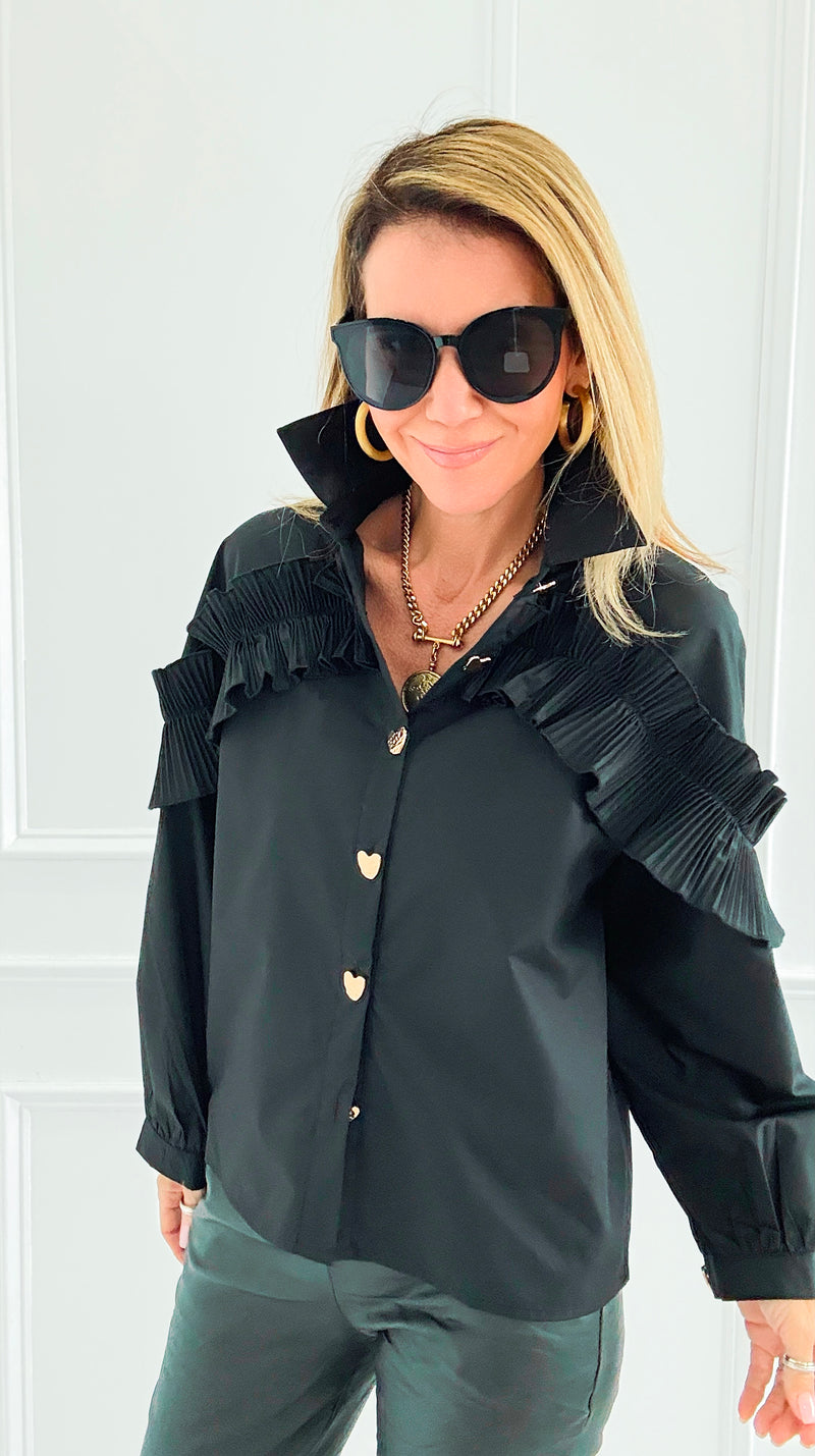 Ruffle Detail Button Down Blouse-130 Long Sleeve Tops-PASTEL DESIGN-Coastal Bloom Boutique, find the trendiest versions of the popular styles and looks Located in Indialantic, FL