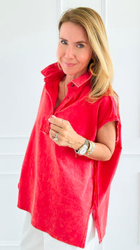 Weekend Ease Washed Collar Top - Red-110 Short Sleeve Tops-White Birch-Coastal Bloom Boutique, find the trendiest versions of the popular styles and looks Located in Indialantic, FL